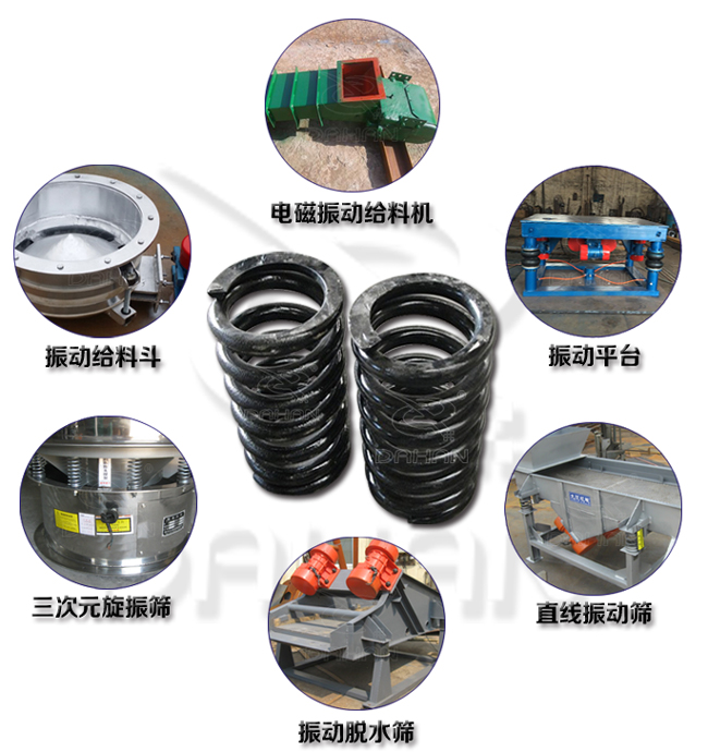 旋振篩減震彈簧適用產(chǎn)品：振動(dòng)給料機(jī)，電磁振動(dòng)給料機(jī)，振動(dòng)平臺(tái)，直線(xiàn)振動(dòng)篩，振動(dòng)脫水篩，三次元旋振篩。