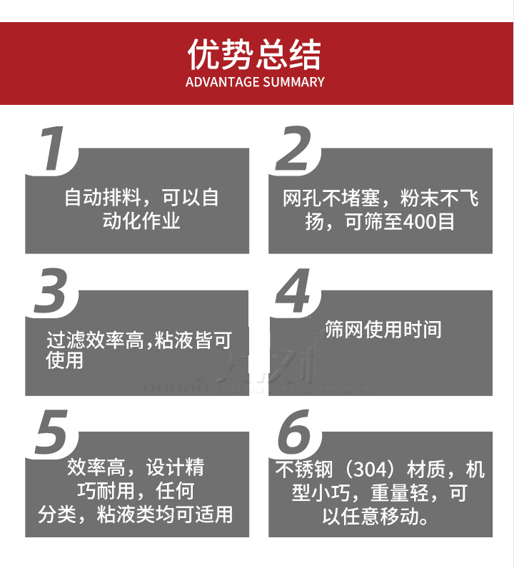 過濾篩優(yōu)勢總結(jié)：1，自動排料，可以自動化作用。2，網(wǎng)孔不堵塞，粉塵不飛揚，可篩至400目。3，過濾效率高，任何粒，粉，粘液也可使用。4，篩網(wǎng)設(shè)計大大提高了篩網(wǎng)使用時間，也魏換網(wǎng)提高了方便。5，效率高，設(shè)計精巧耐用，任何分類設(shè)計精巧耐用，任何分類，粘液類均可適用。6，不銹鋼材質(zhì)機型小巧，重量輕，可以任意移動。