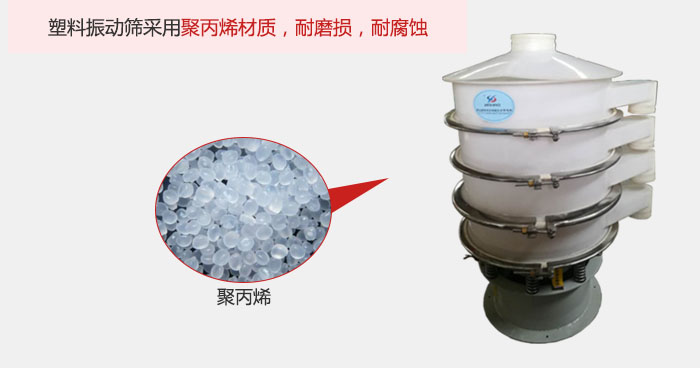 塑料振動篩主要采用塑料材質(zhì)，多用與有一定腐蝕性和與金屬有一定反應(yīng)的物料使用。
