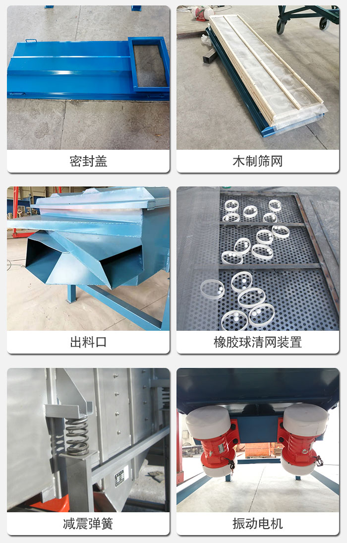 直線篩結(jié)構(gòu)展示：篩網(wǎng)，篩箱，振動電機，振動電機座，減震彈簧，支架等部件展示圖