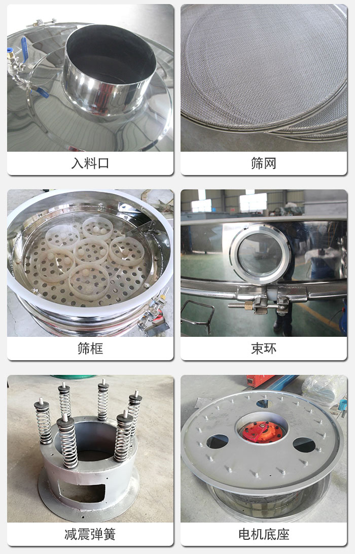 醫(yī)藥振動(dòng)篩有電機(jī)底座，減震彈簧，束環(huán)，篩框，入料口，篩網(wǎng)等部件展示。