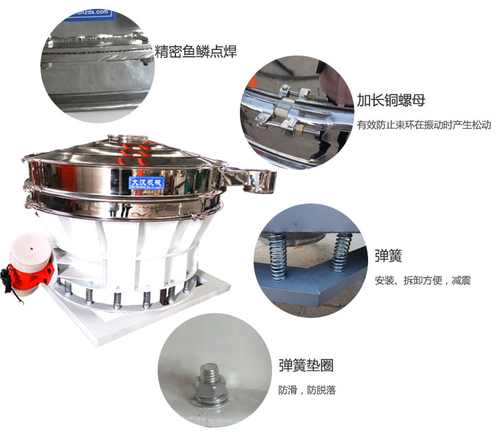 1500直排篩細節(jié)展示：彈簧，彈簧墊圈，加長銅螺母。