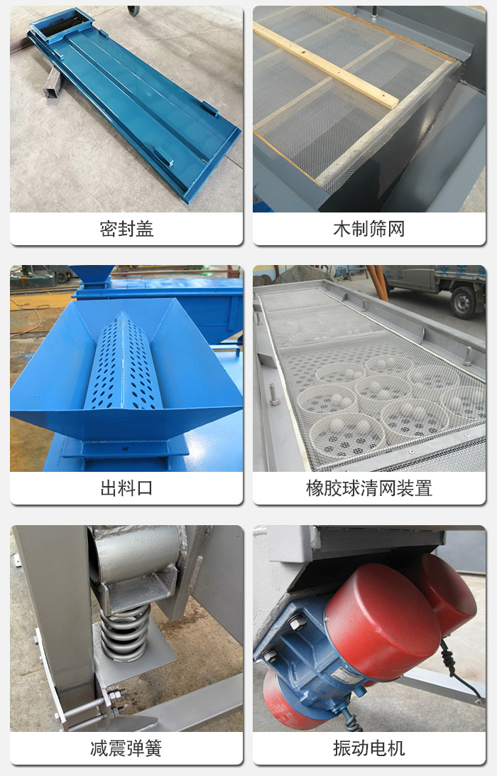 直線篩分機的結(jié)構(gòu)展示圖：篩箱是物料主要篩分設(shè)備之一，篩網(wǎng)用于篩分物料，振動電機幫助篩網(wǎng)篩分。