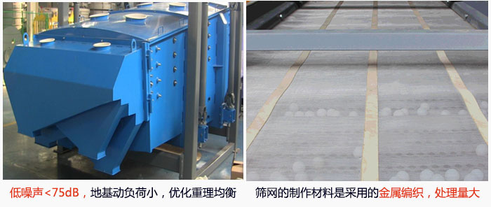 方形搖擺篩采用低噪聲<75dB，地基動負荷小，優(yōu)化重理均衡；篩網的制作材料是采用的金屬編織，處理量大。