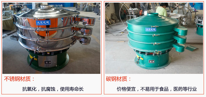 800型振動(dòng)篩有不銹鋼和碳鋼兩種材質(zhì)，不銹鋼材質(zhì)：抗氧化，抗腐蝕，使用壽命長(zhǎng) 碳鋼材質(zhì)：價(jià)格便宜，不易篩分食品，化工，醫(yī)藥等行業(yè)的物料。