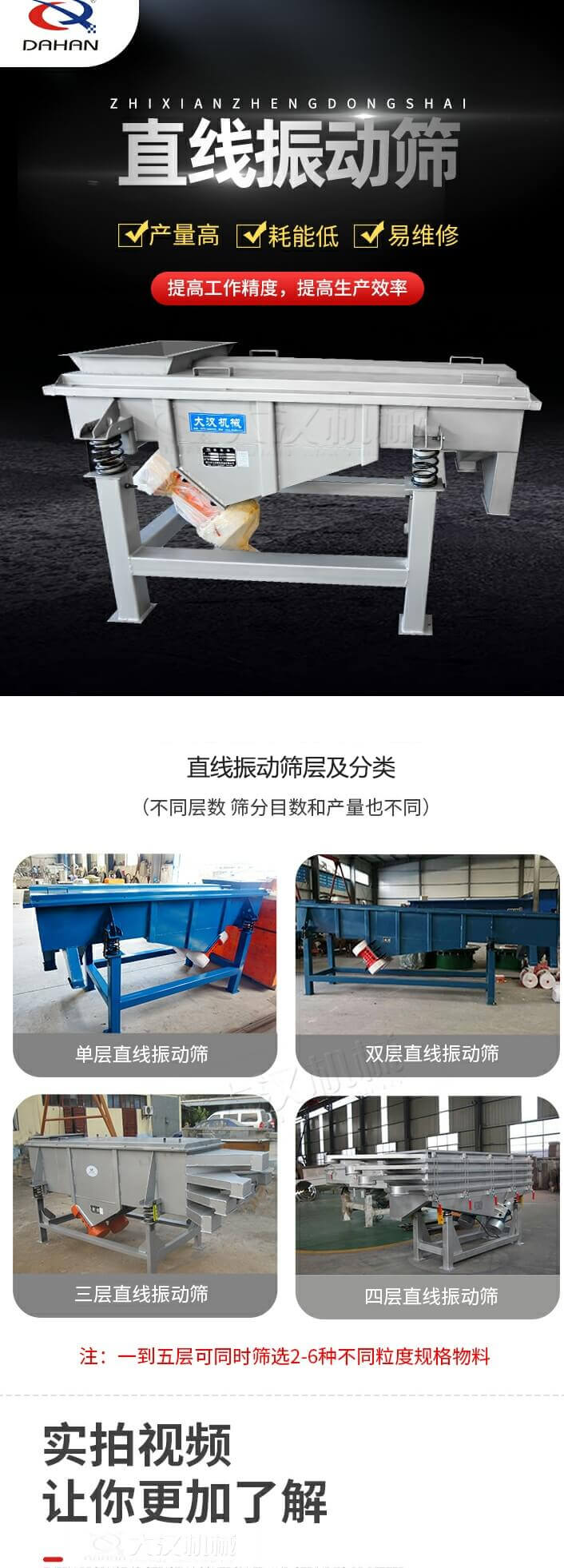 直線振動篩概述，產(chǎn)量高，耗能低，易維修，提高工作精度，提高生產(chǎn)效率，直線振動篩層級分類：不同層數(shù)，篩分目數(shù)和產(chǎn)量也不同：單層，雙層，三層，四層等。