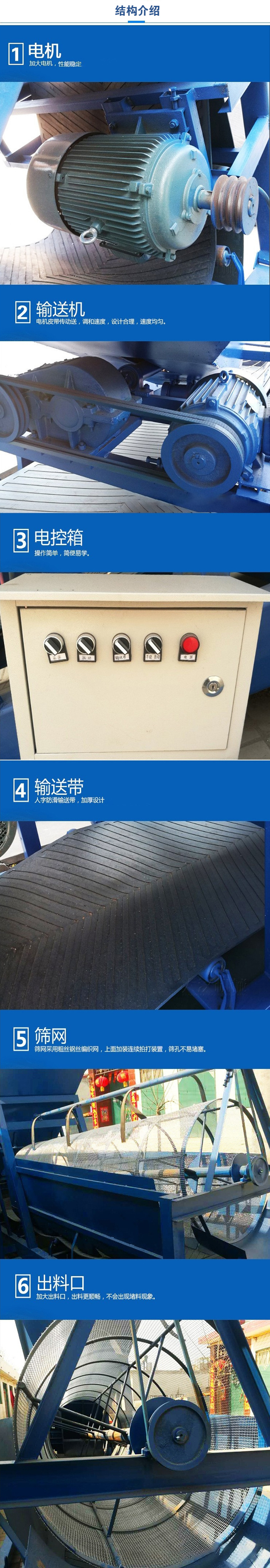 移動篩沙機結(jié)構(gòu):電機，加大電機，性能相對比較穩(wěn)定。輸送機：電機皮帶傳動送，調(diào)和速度，設(shè)計合理，速度均勻。電控箱：操作簡單，簡便易學(xué)。輸送帶：人字防滑輸送帶，加厚設(shè)計。篩網(wǎng)，采用粗絲鋼絲編織而成的篩網(wǎng)，上面加裝連續(xù)拍打裝置，篩孔不易堵塞。出料口：加大出料口，出料更順暢，不會出現(xiàn)堵料現(xiàn)象。