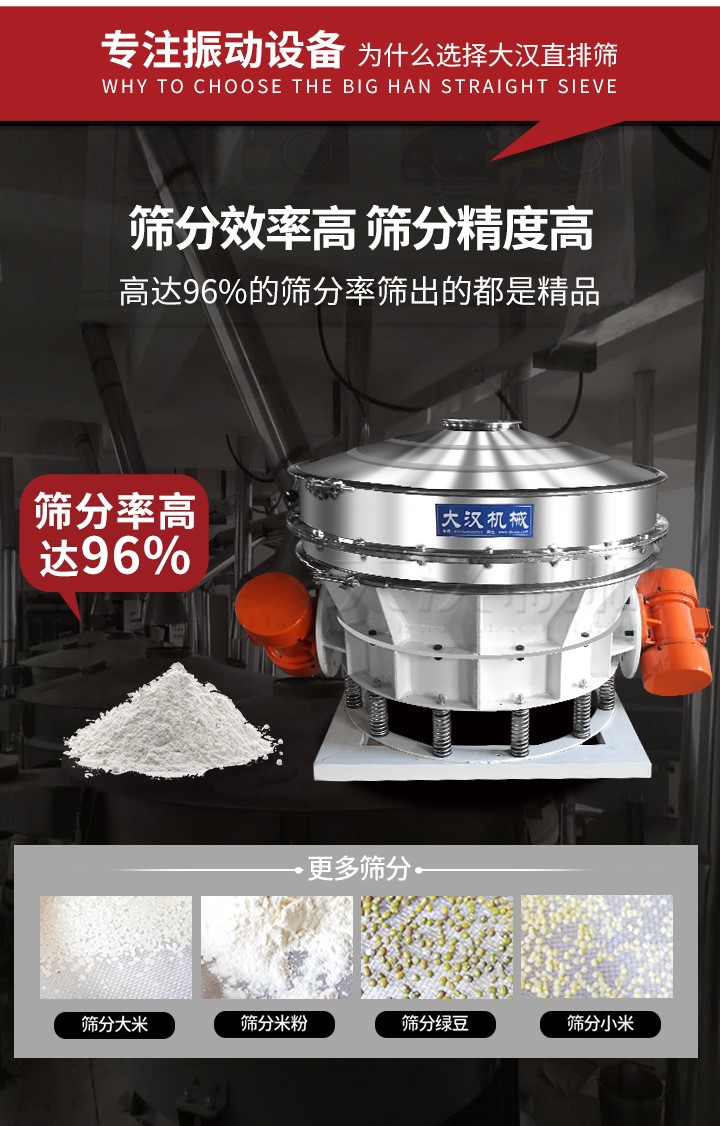 直排篩適用物料有面粉，淀粉，洗衣粉，金屬粉，添加劑，化工，非礦等行業(yè)。