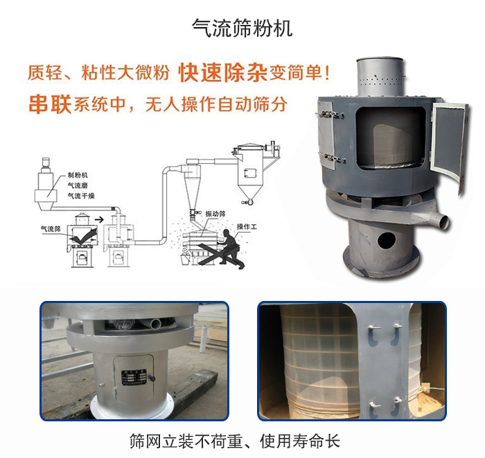 氣流篩粉機適用：質(zhì)輕，粘性大微粉采用串聯(lián)系統(tǒng)重，無人操作自動篩分 特點：篩網(wǎng)立裝不負(fù)重，使用壽命長。