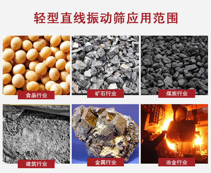 輕型直線振動篩應(yīng)用范圍較廣多使用與顆粒狀，粉狀以及其它重型行業(yè)的輸送。