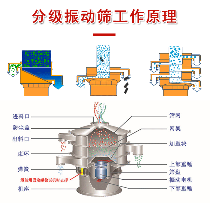 分級(jí)振動(dòng)篩內(nèi)部結(jié)構(gòu)：進(jìn)料口，防塵蓋，出料口，束環(huán)，彈簧，機(jī)座，篩網(wǎng)，網(wǎng)架，上部重錘，振動(dòng)電機(jī)，下部重錘。
