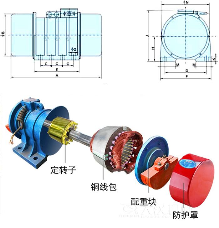 YZS振動電機內(nèi)部主要部件：定轉(zhuǎn)子，銅線包，配重塊，防護罩。