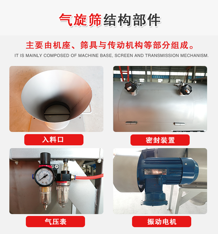 氣旋篩結(jié)構(gòu)：入料口，密封裝置，電機，氣壓表等