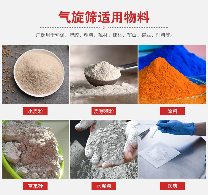 氣旋篩適用物料：小麥粉，麥芽糖粉，涂料，等粉狀物料。