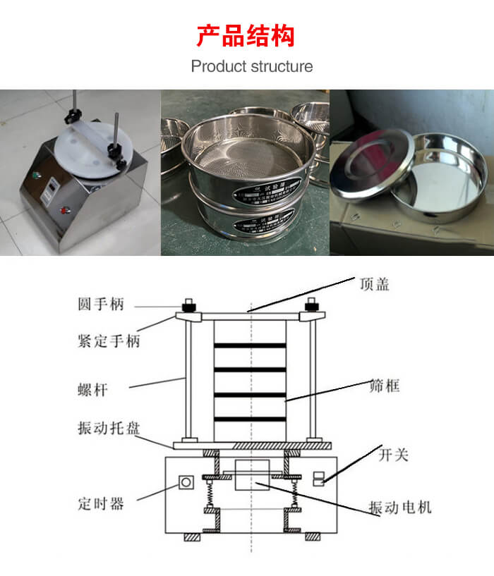 實(shí)驗(yàn)室振動(dòng)篩-試驗(yàn)篩結(jié)構(gòu)主要由：圓手柄，緊定手柄，螺桿，振動(dòng)托盤(pán)，篩框，頂蓋等。