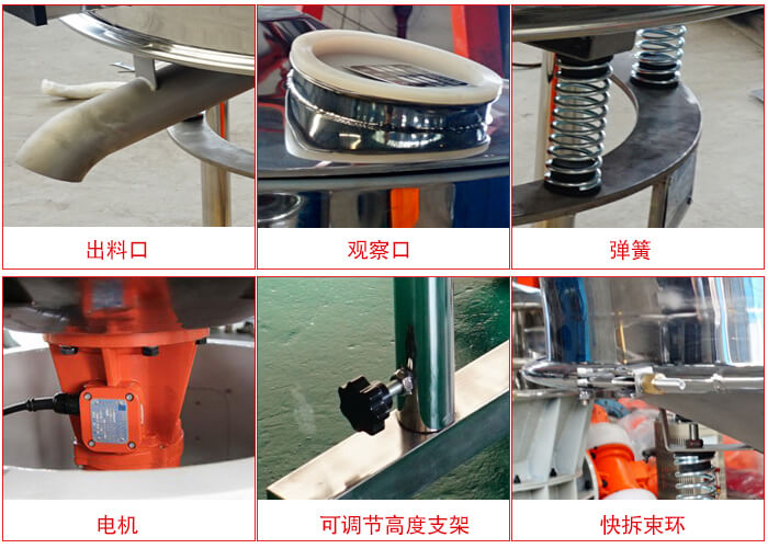 高頻篩細(xì)節(jié)展示：出料口，觀察口，彈簧，電機(jī)，可調(diào)節(jié)高度支架，快拆束環(huán)。
